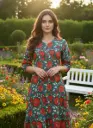 Teal Floral Printed A-Line Dress for Women – Elegant 3/4 Sleeve Ethnic Summer Dress