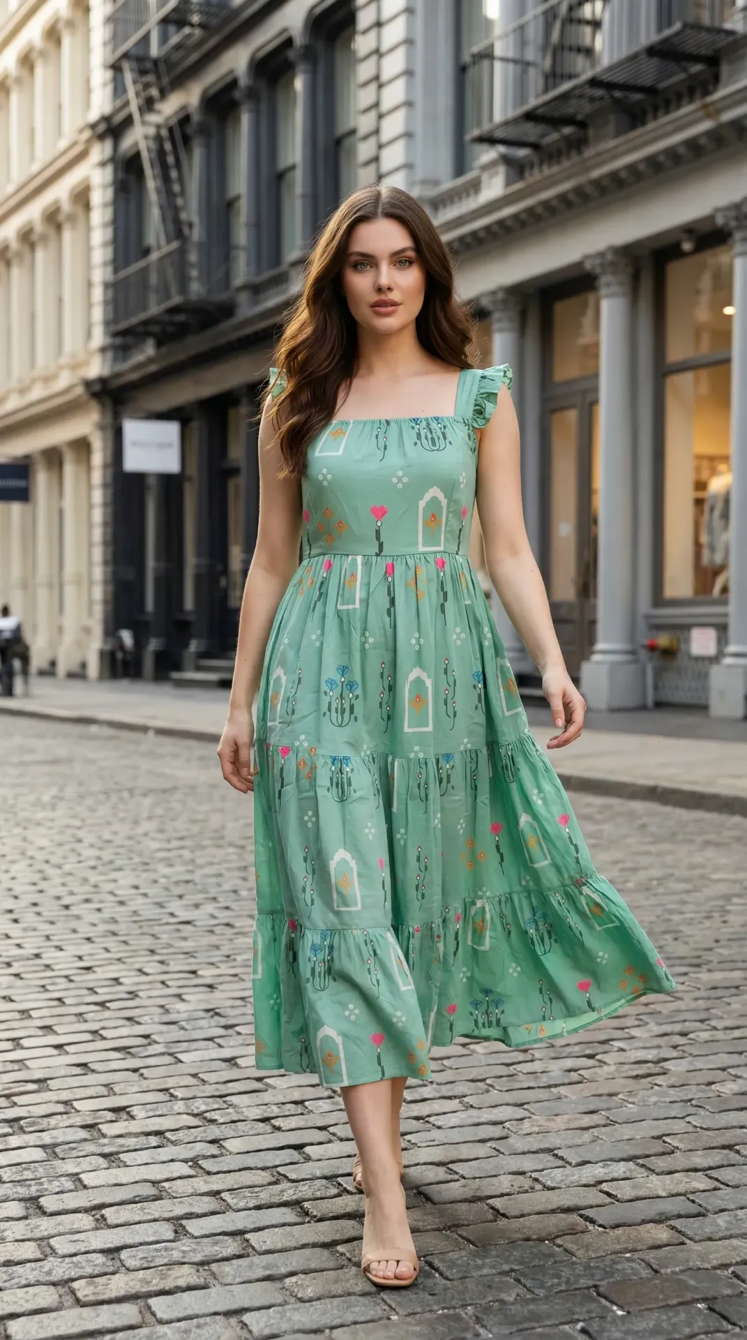 [DLKD00850S] Pastel Teal Floral Printed Sleeveless Ruffle Strap Summer Tiered Cotton Dress for Women | Dilkash Outfits (S)