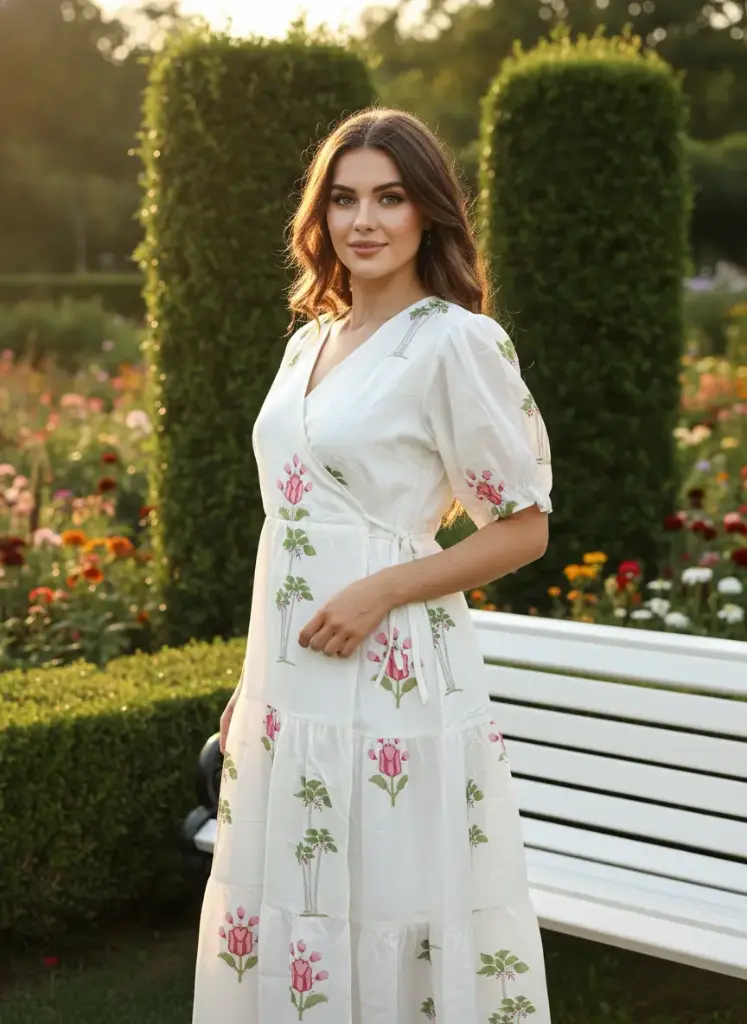 [DLKD001000S] White Handblock Floral Printed Wrap Cotton Dress for Women | Dilkash Outfits (S)