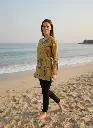 Mustard Cotton Printed Kurti Top for Women – V-Neck Long Sleeve Ethnic Tunic with Bird & Pineapple Pattern, Casual Daily Wear
