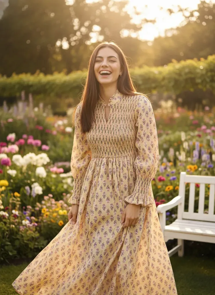 Mustard Yellow Floral Smocked Maxi Dress for Women – Long Sleeve Ethnic Summer Dress (S)