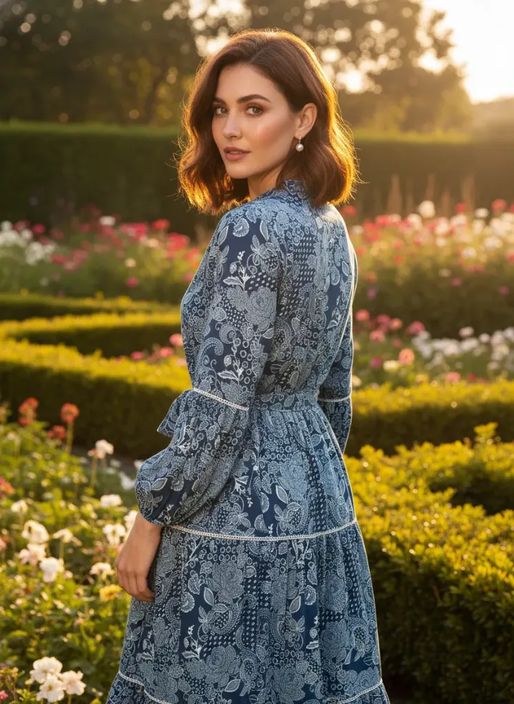 Indigo Blue Cotton Floral Printed Tiered Midi Dress for Women – Elegant Summer Dress (S)