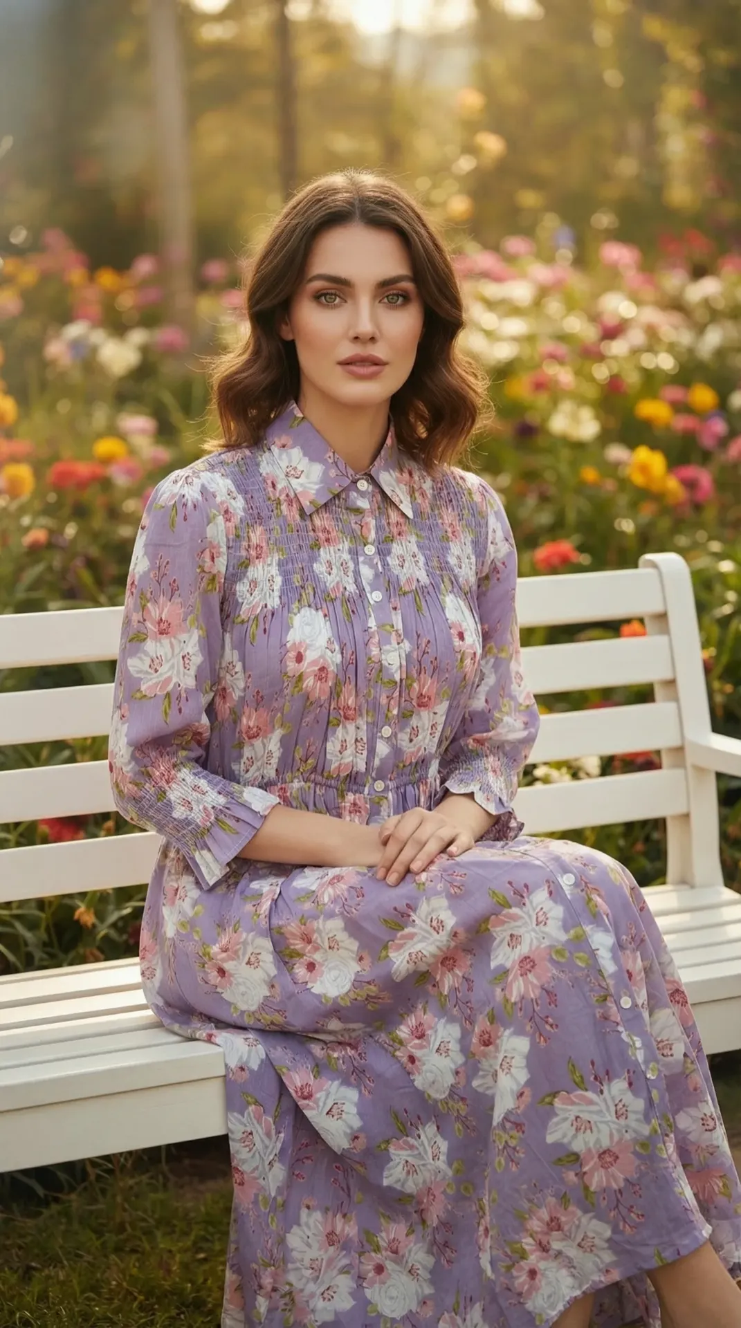 Lavender Floral Cotton Maxi Dress for Women – Button-Down Front, Smocked Waist Summer Dress