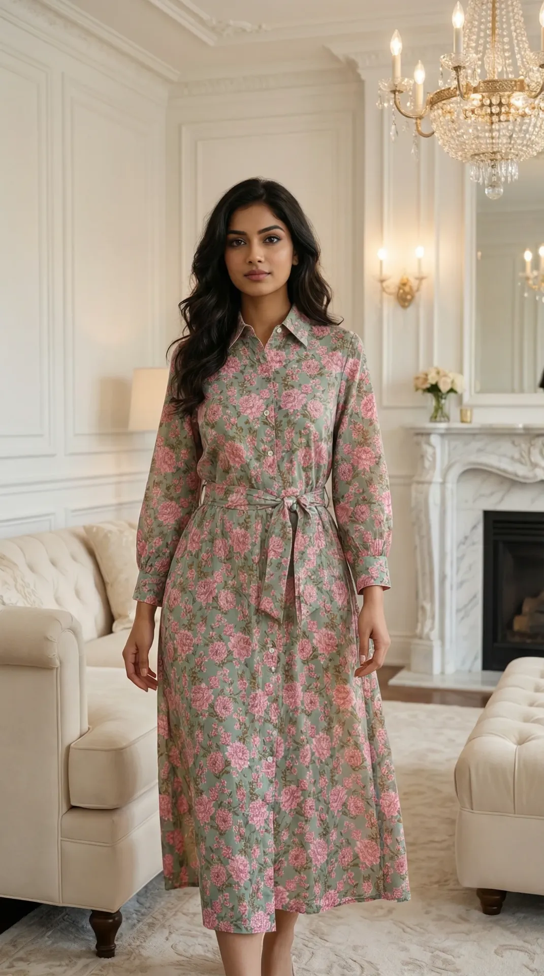 Green Floral Cotton Midi Dress for Women – Button-Down Front, Waist Tie Summer Dress (S)