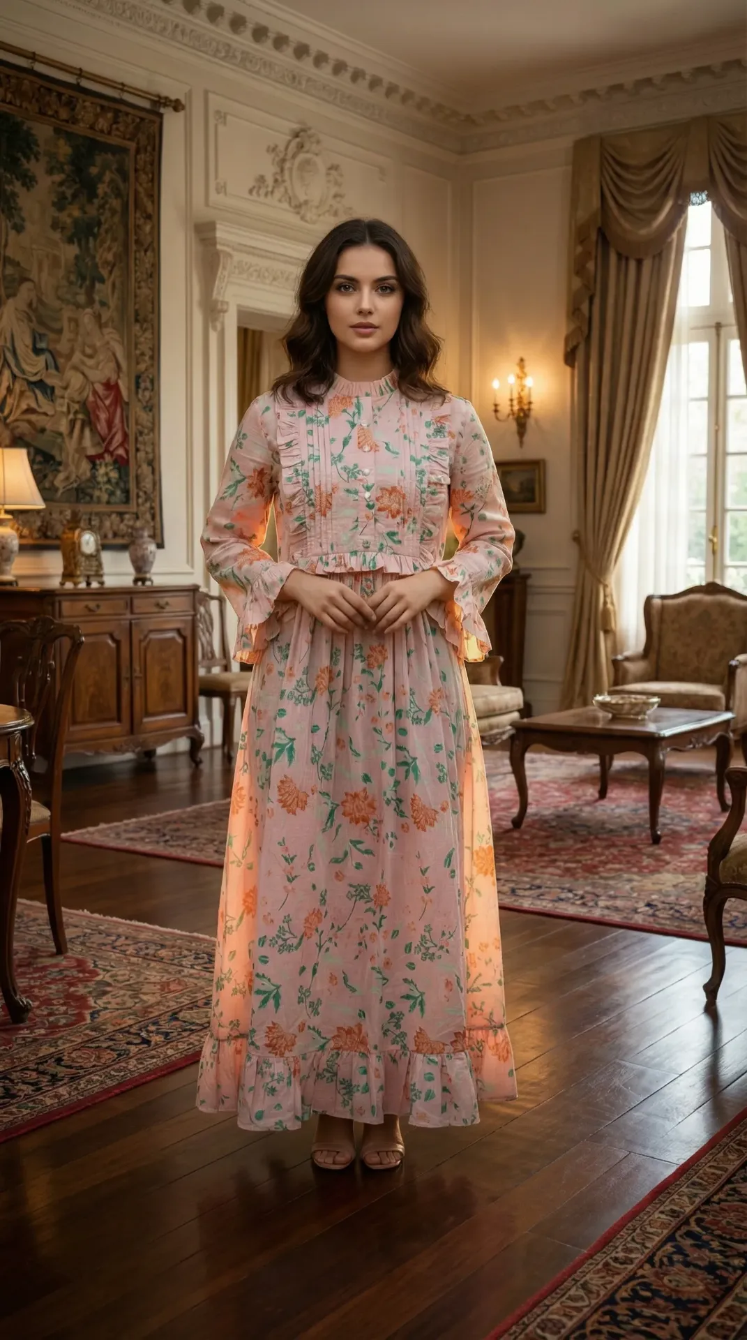 Peach Floral Cotton Maxi Dress for Women – Pintuck Waist, Soft Breathable Summer Dress