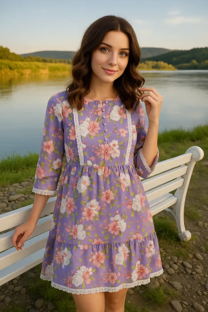 Floral Tunic Top Laced Cotton Top (S)