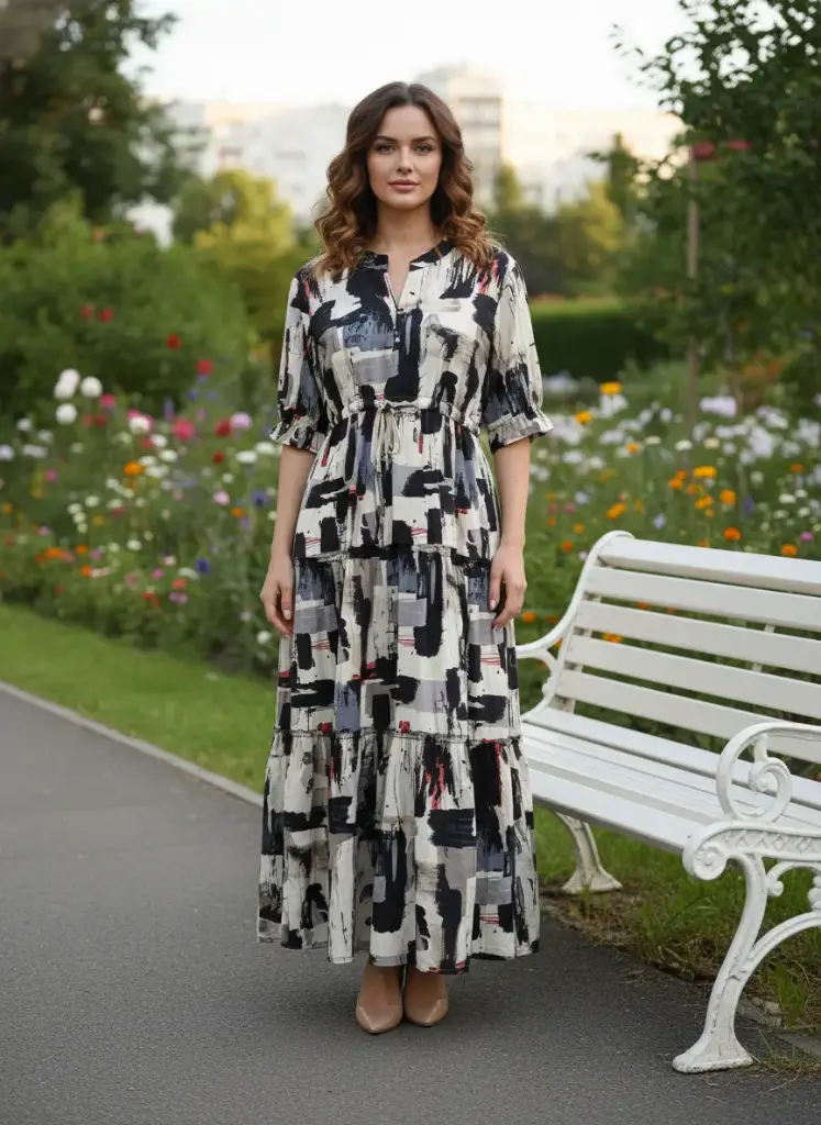 [DLKD00495M] Abstract Print Maxi Dress with Puff Sleeves & Drawstring Waist – Dilkash Outfits (M)