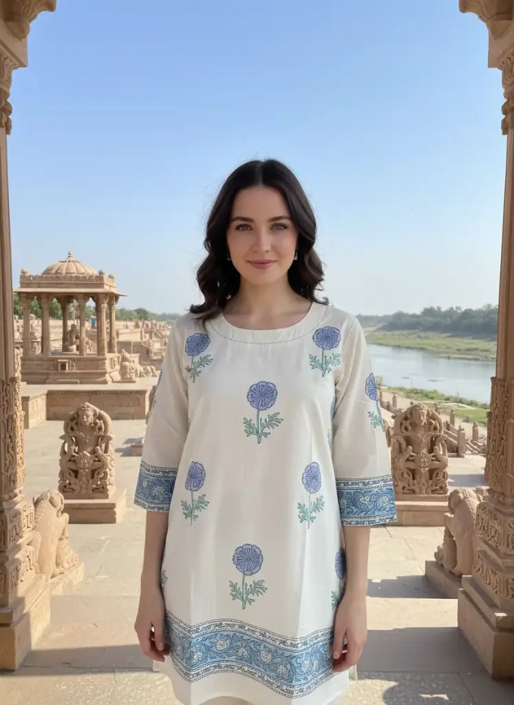 [DLKT00250S] Handblock Floral Cotton Straight Kurta – Blue Motif & Border Detailing (S)