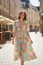 Women’s Pastel Abstract Print Tiered Midi Dress with Puff Sleeves | Summer Casual Boho Dress