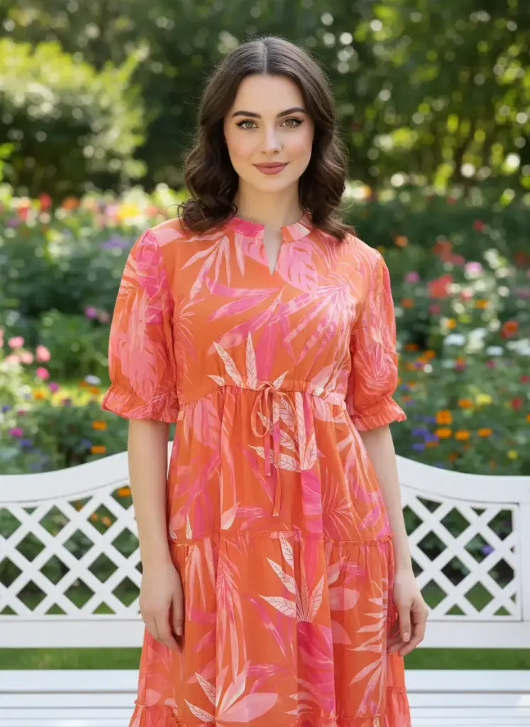 [DLKD00490M] Women’s Orange Tropical Printed Maxi Dress with Waist Tie | Summer Resort Wear | Dilkash Outfits (M)