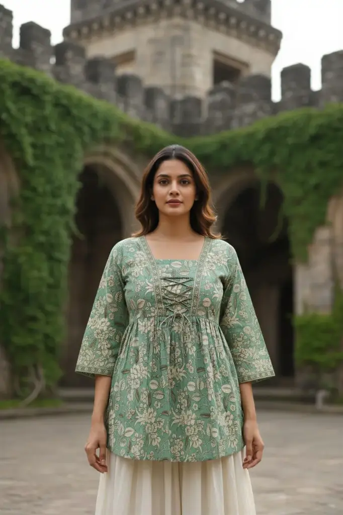 [DLKT00310M] Pure Cotton Sage Green Floral Printed Peplum Top for Women | Lace-Up Neckline | Casual Ethnic Wear Kurti Top (M)