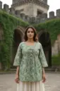 Pure Cotton Sage Green Floral Printed Peplum Top for Women | Lace-Up Neckline | Casual Ethnic Wear Kurti Top