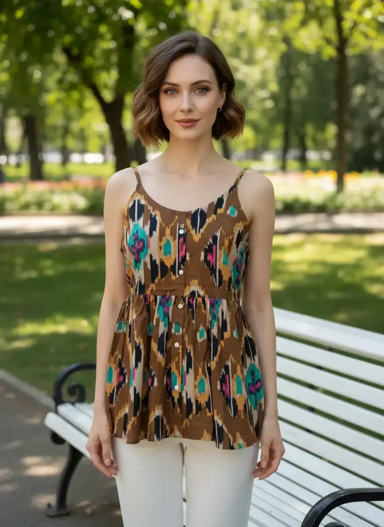 [DLKT00298M] Women’s Ikat Print Cotton Sleeveless A-Line Top – Casual Summer Spaghetti Strap Top (M)
